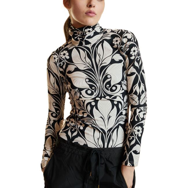 Turtle Neck Lycra Top, Black/White - Blouses - 4
