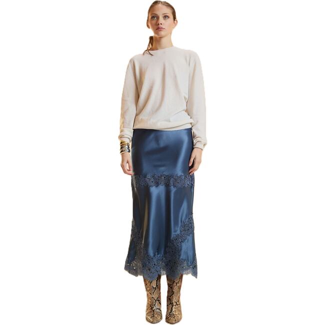 Satin Lace Skirt, Denim Blue