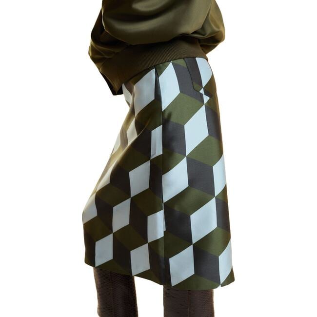 Silk Wool Midi Skirt, Geo Green/Blue Combo - Skirts - 4