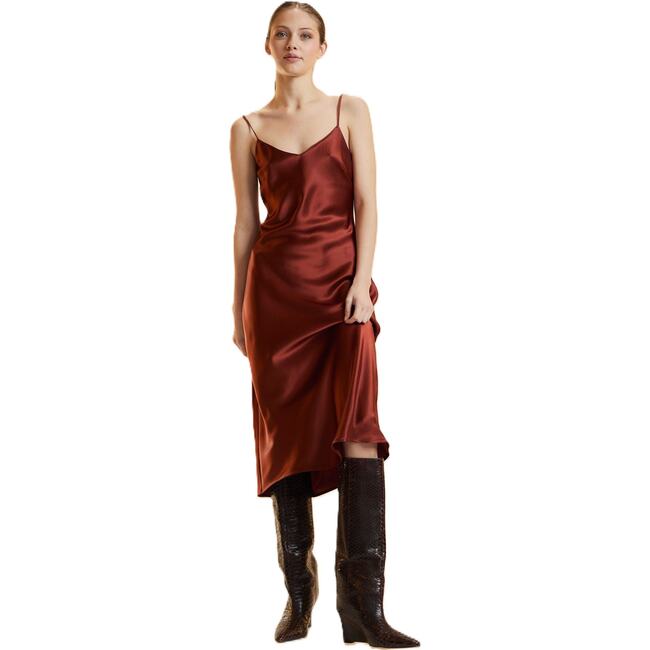 Satin Slip Dress, Rust - Dresses - 4