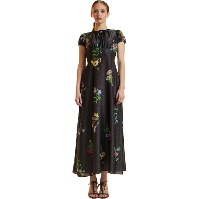 Printed Lurex Midi Dress, Black Floral