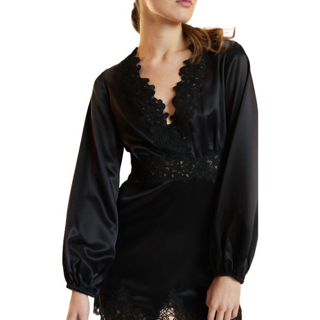 Satin Lace Mini Dress, Black - Dresses - 4