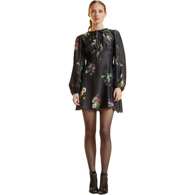 Printed Lurex Mini Dress, Black Floral
