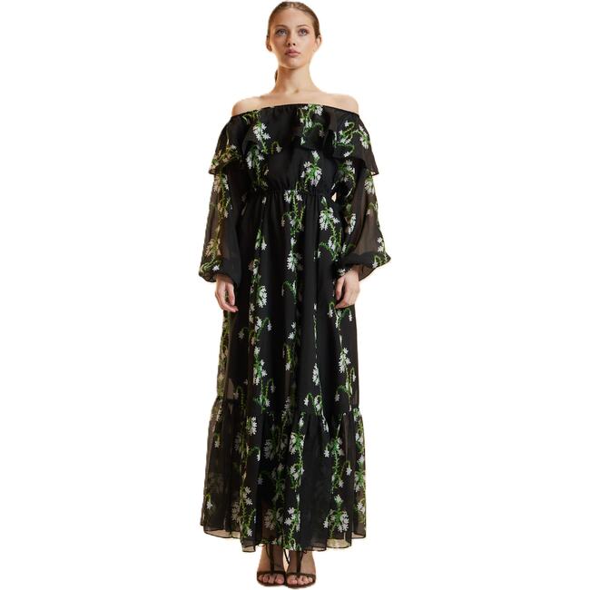 Off Shoulder Silk Maxi Dress, Black Vine Floral