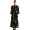 Off Shoulder Silk Maxi Dress, Black Vine Floral - Dresses - 1 - thumbnail