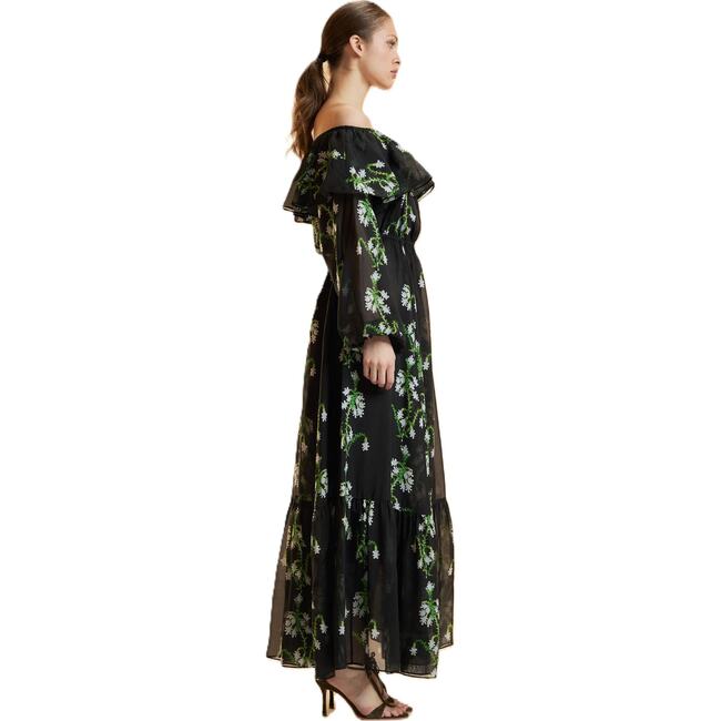 Off Shoulder Silk Maxi Dress, Black Vine Floral
