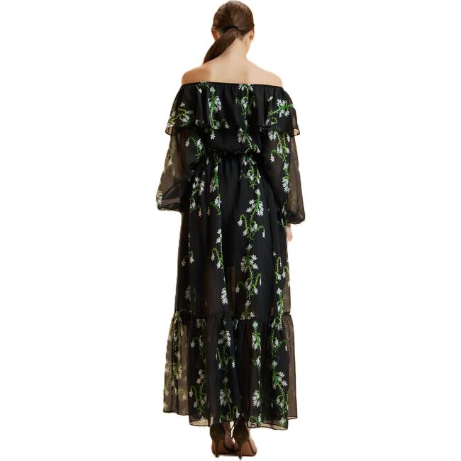 Off Shoulder Silk Maxi Dress, Black Vine Floral - Dresses - 3