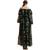 Off Shoulder Silk Maxi Dress, Black Vine Floral - Dresses - 3