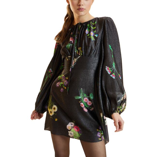 Printed Lurex Mini Dress, Black Floral - Dresses - 4