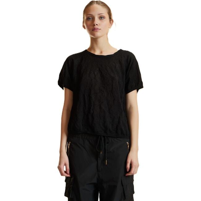 Crinkle Knit Short Sleeve Top, Black