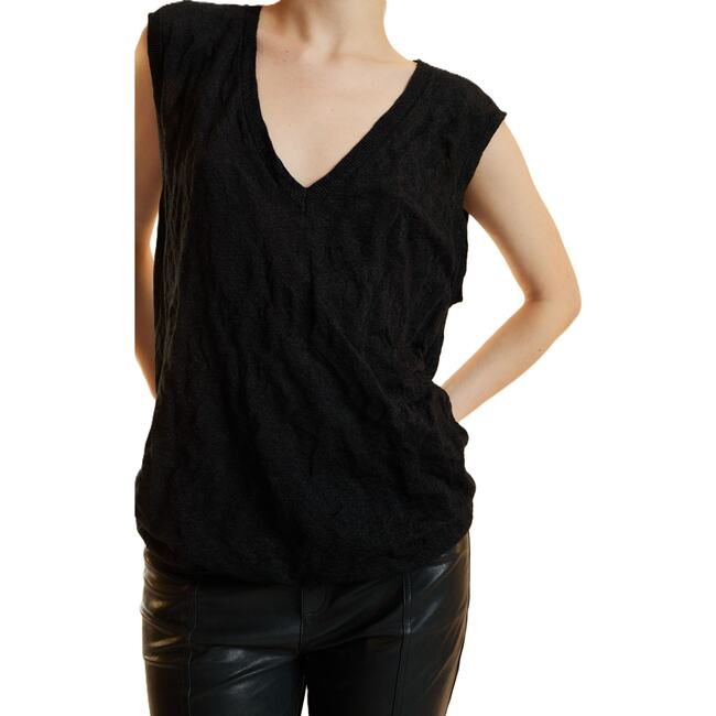 Crinkle Knit Sleeveless Top, Black - Tank Tops - 3