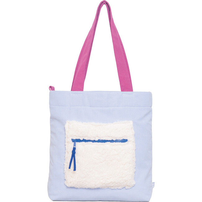 Color Block Tote – Corduroy & Sherpa Bag with Double Pockets + Cozy Coin Purse - Baby Blue Bell
