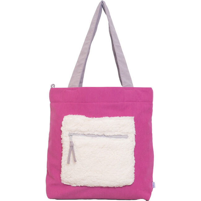 Color Block Tote – Corduroy & Sherpa Bag with Double Pockets + Cozy Coin Purse - Hibiscus Pink