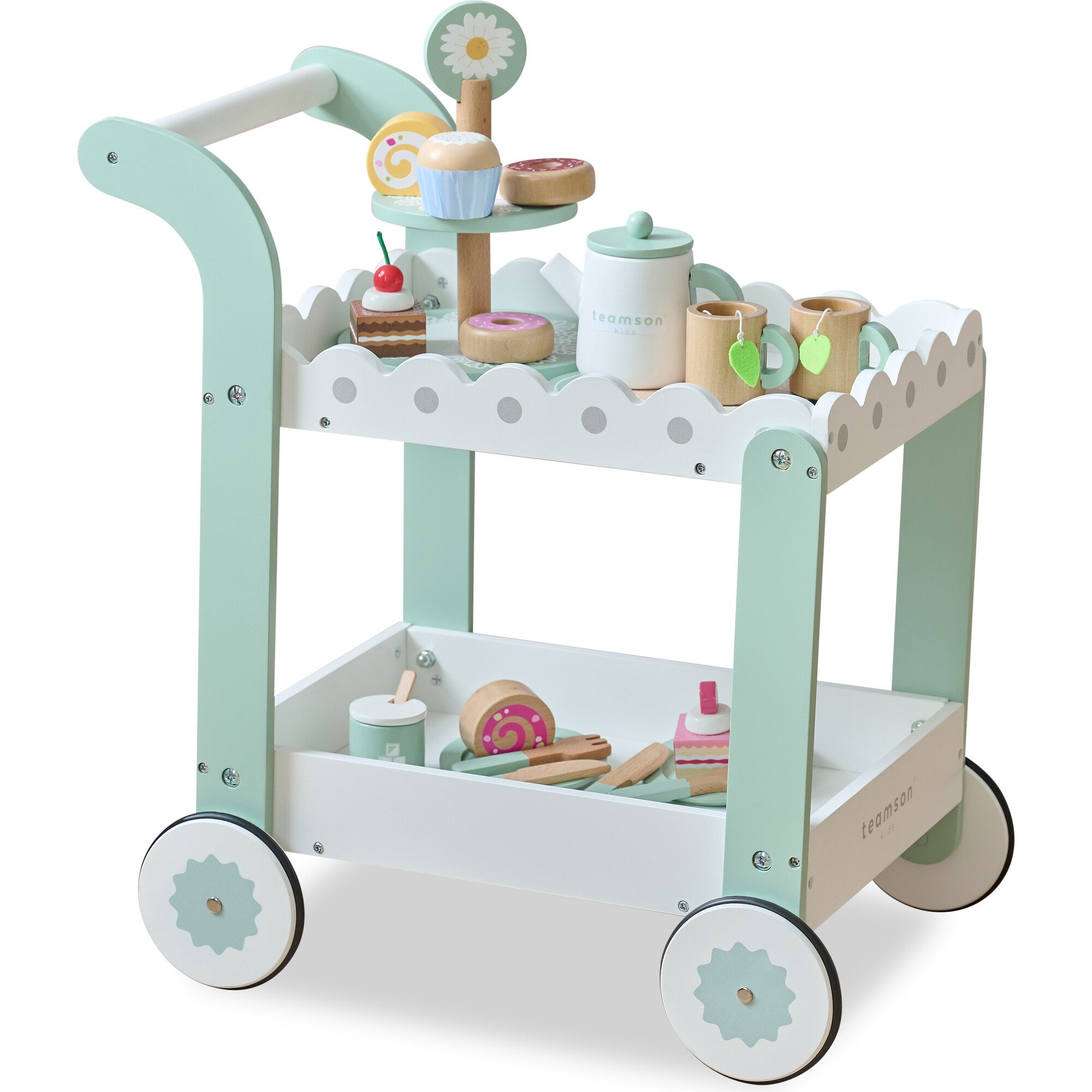 Afternoon Sip Wood Dessert Cart with 21 Pieces & Rotatable Wheels