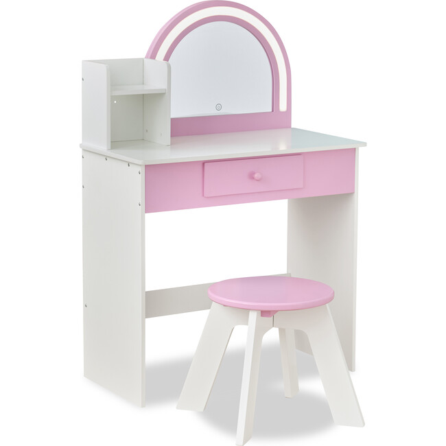 Rosé Shine Wood Vanity & Desk with LED Mirror & Stool, Pink/White