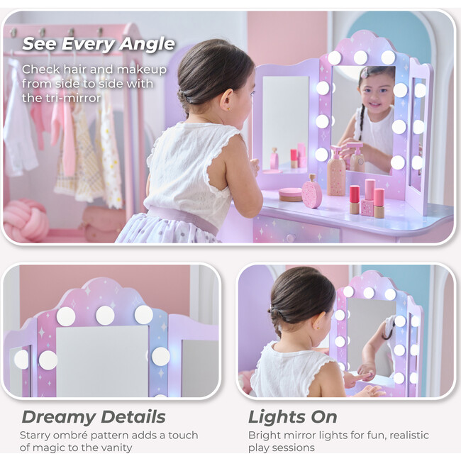 Stardust Gisele Wood Vanity Table with LED Mirror & Drawer, Purple