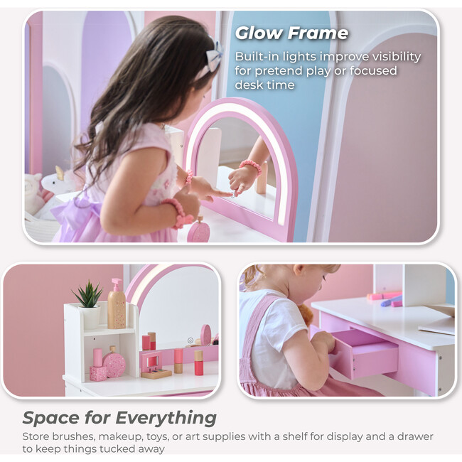 Rosé Shine Wood Vanity & Desk with LED Mirror & Stool, Pink/White