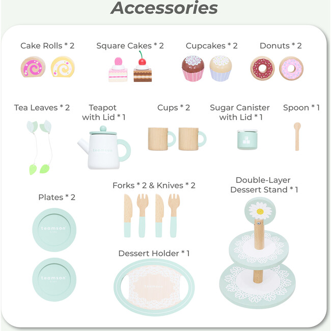 Afternoon Sip Wood Dessert Cart with 21 Pieces & Rotatable Wheels - Play Kitchens - 3