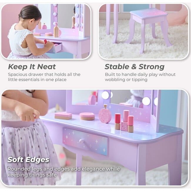 Stardust Gisele Wood Vanity Table with LED Mirror & Drawer, Purple - Play Vanities - 3