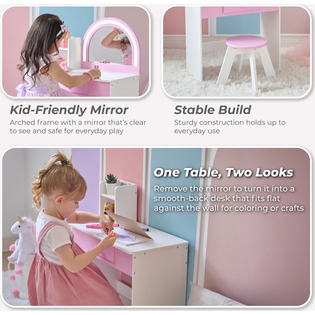 Rosé Shine Wood Vanity & Desk with LED Mirror & Stool, Pink/White - Play Vanities - 3
