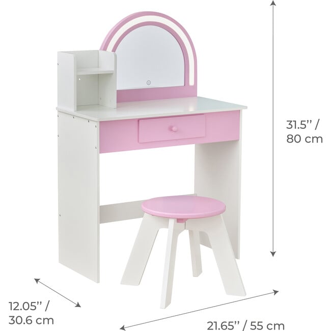 Rosé Shine Wood Vanity & Desk with LED Mirror & Stool, Pink/White - Play Vanities - 4