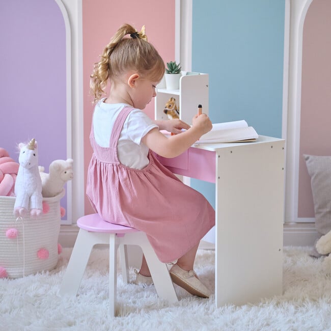 Rosé Shine Wood Vanity & Desk with LED Mirror & Stool, Pink/White - Play Vanities - 6