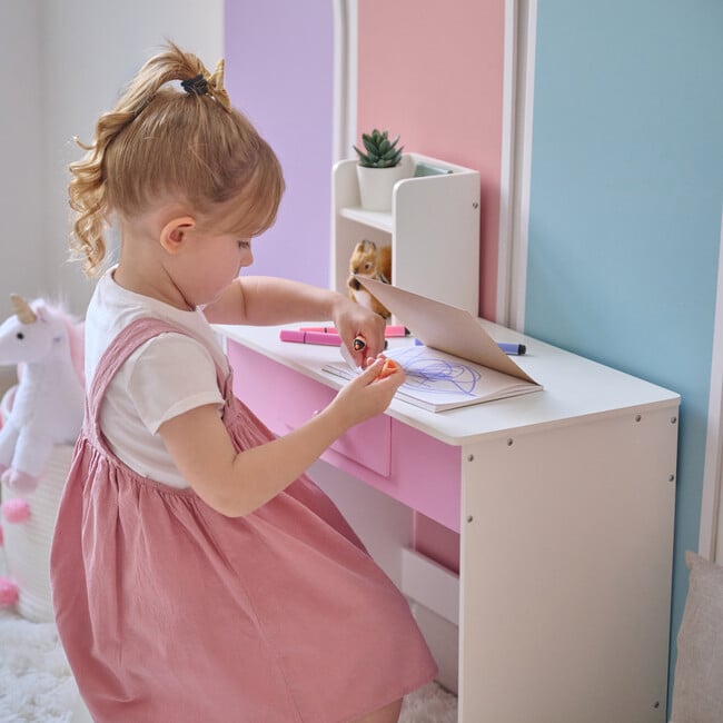 Rosé Shine Wood Vanity & Desk with LED Mirror & Stool, Pink/White - Play Vanities - 7