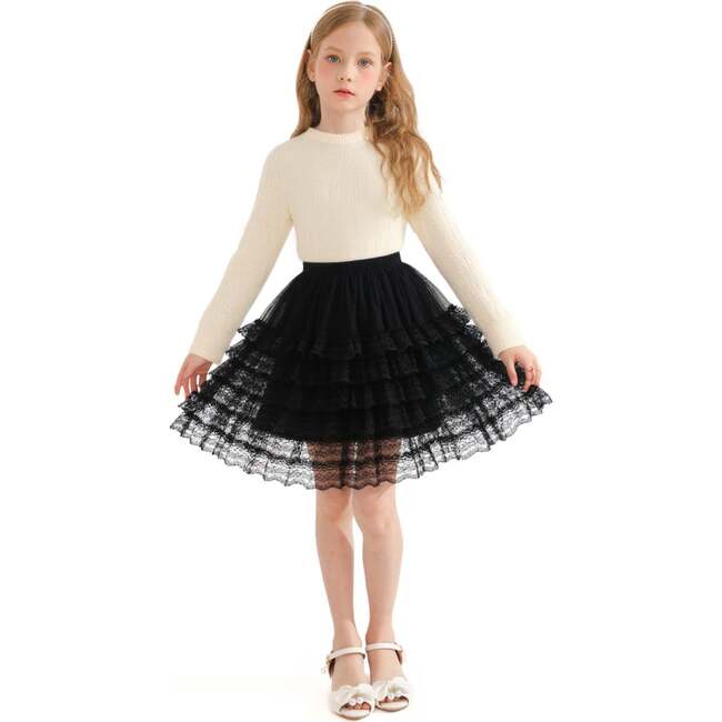 Ribbed Sweater with Lace Skirt, Cream