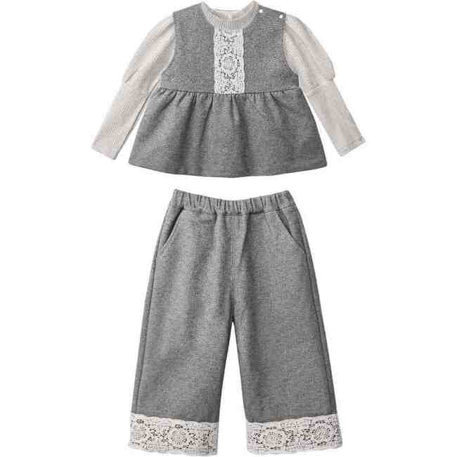 Lace-Layered Tunic Set, Grey