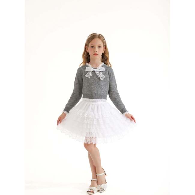 Lace-Bow Top with Tiered Skirt, Grey