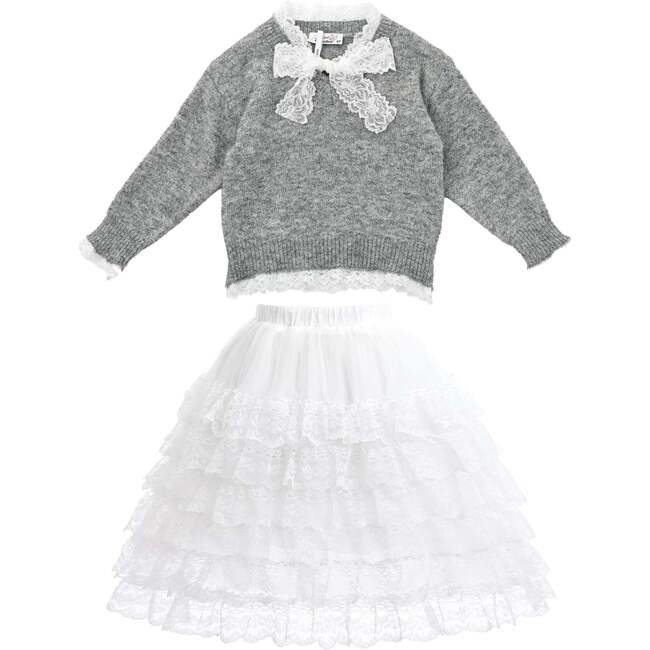 Lace-Bow Top with Tiered Skirt, Grey