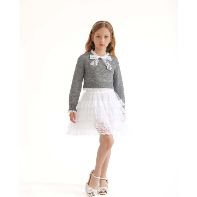 Lace-Bow Top with Tiered Skirt, Grey - Skirts - 6