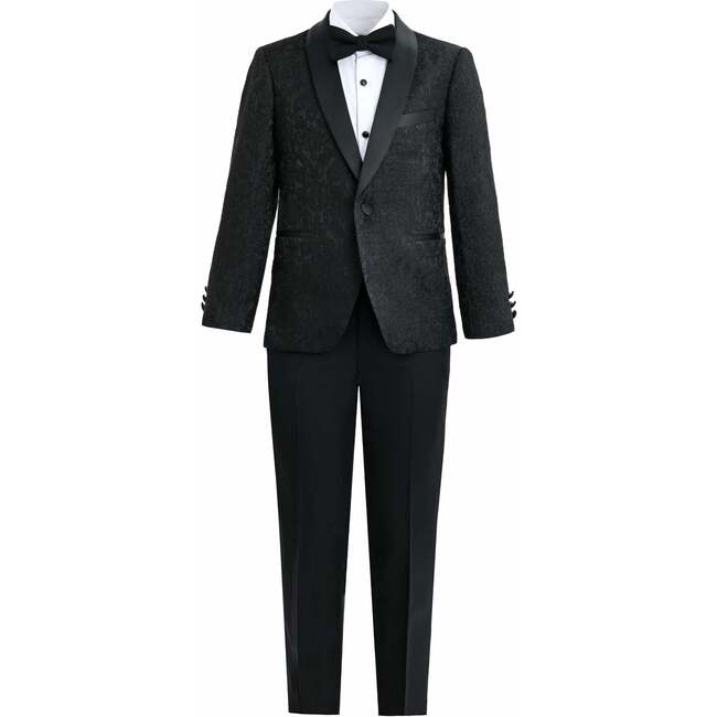 Textured Suit Set with Satin Lapels, Black