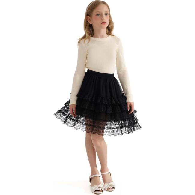 Ribbed Sweater with Lace Skirt, Cream - Skirts - 6