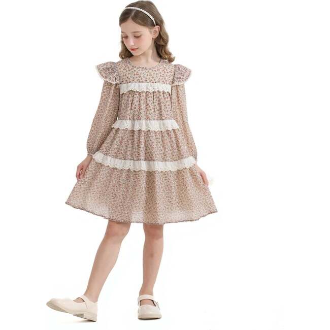 Floral Lace Tiered Dress, Beige - Dresses - 4