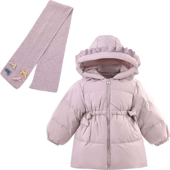 Ruffle-Hood Coat with Matching Scarf, Purple