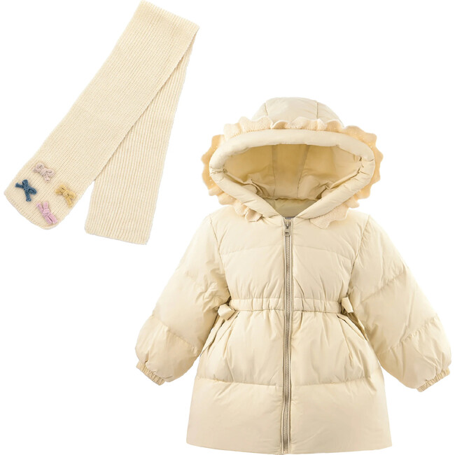 Ruffle-Hood Coat with Matching Scarf, Beige