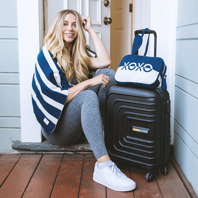 Xoxo Reversible Stripes Blanket Travel Set, Blue/Natural