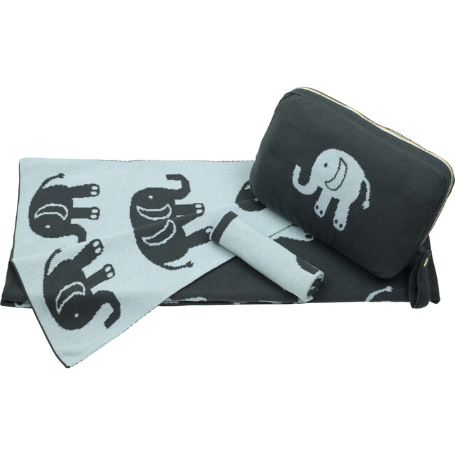 Elephant Love Baby Blanket Set, Blue/Grey - Blankets - 1