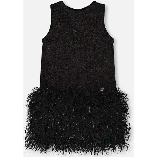 Sleeveless Bi-Material Lurex Dress with Feathers, Black