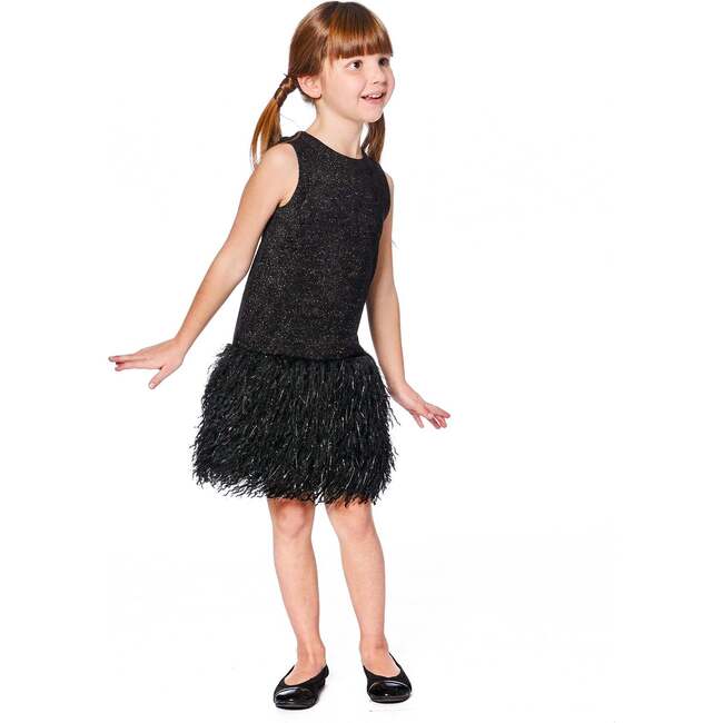 Sleeveless Bi-Material Lurex Dress with Feathers, Black