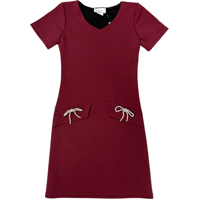 Girls ShortSleeve Dress With Bow,Burgundy