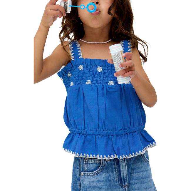 Tilly Blanket Stitch Peplum Hem Blouse, Blue