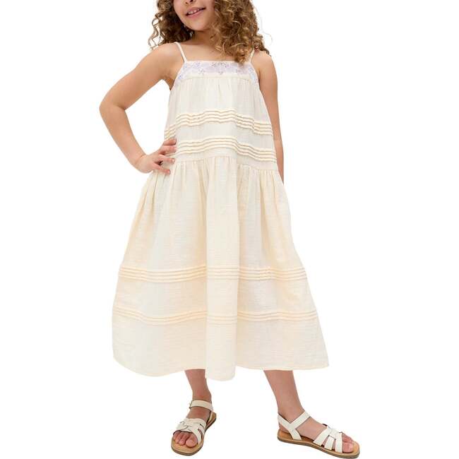 Swish Pin Tuck Embroidered Dress, Ecru