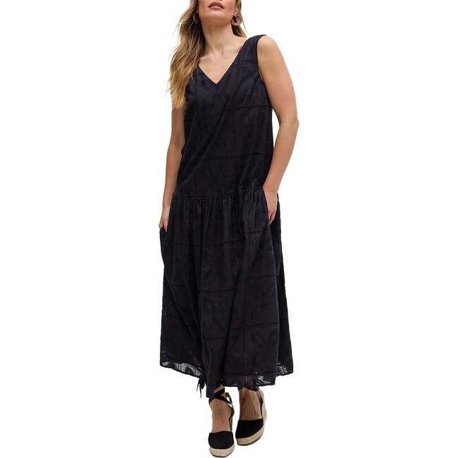 Squire All Over Cut Work Drop Waist Midi Dress, Black