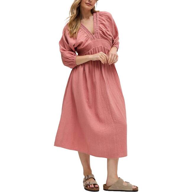Soipoi Ruched V-Neck Midi Dress, Pink
