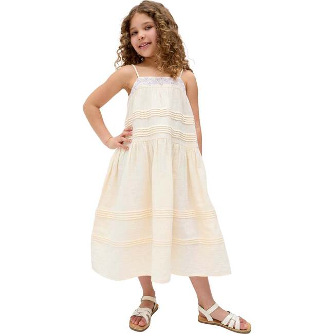 Swish Pin Tuck Embroidered Dress, Ecru