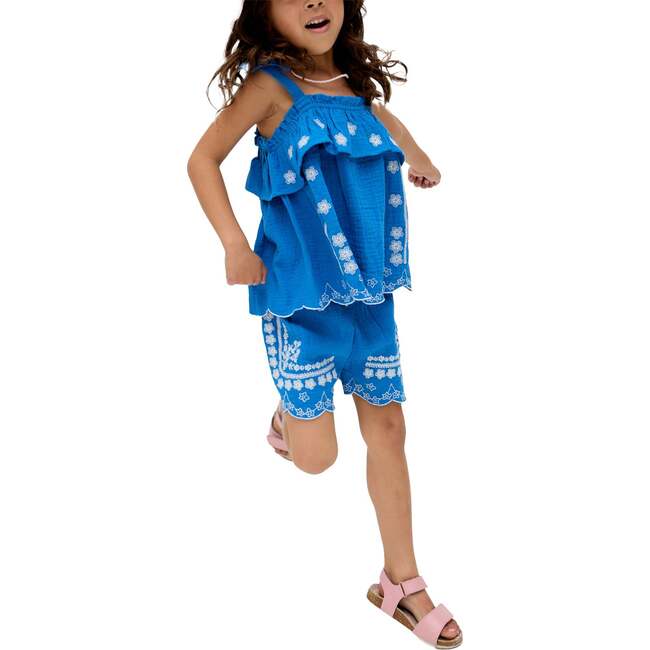 Savvanah Frill Neck All Over Embroidered Co-Ord Set, Blue