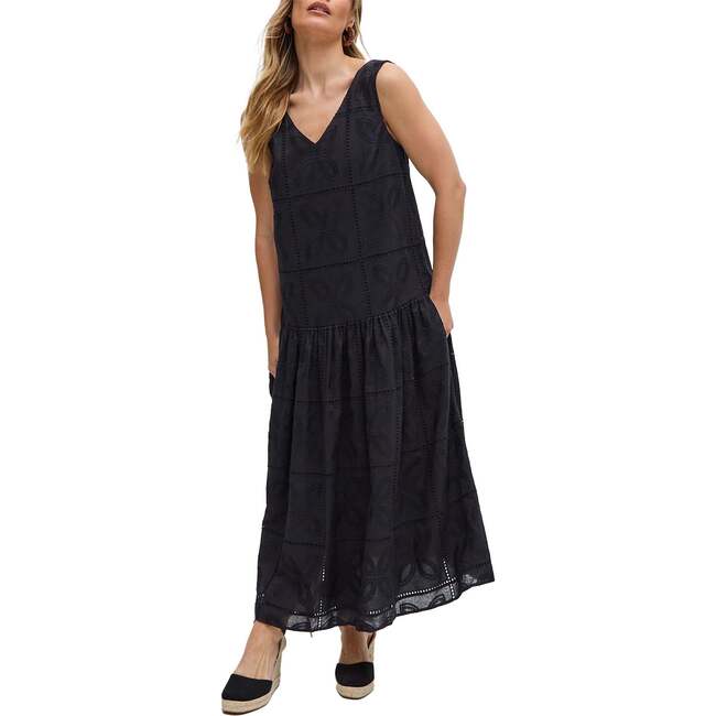 Squire All Over Cut Work Drop Waist Midi Dress, Black - Dresses - 5