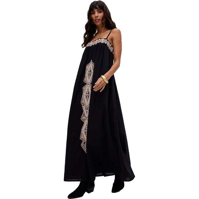 Sapphire Spaghetti Strap Embroidered Maxi Dress, Black
